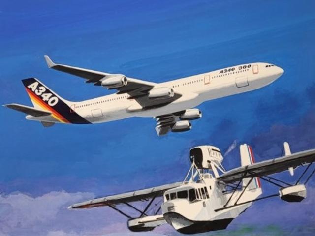 Peinture de Philippe Mitschké représentant un hydravion et un A340 au-dessus de l’estuaire
