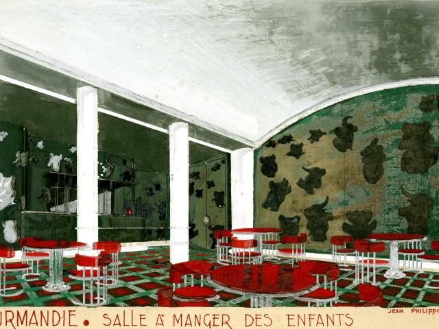 Dessin préparatoire de Jean Philippot pour la salle à manger 1ère classe des enfants du paquebot Normandie (1935).