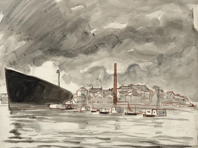 Gouache représentant un navire sortant par l'entrée sud du port de Saint-Nazaire, Renée-Yves Creston, © ADAGP, Paris 2024.
