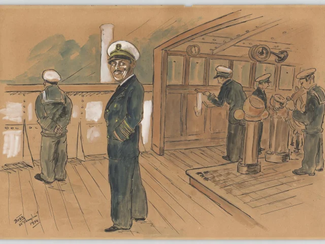 Caricature Representant Le Commandant Et Des Membres Dequipage Dans La Timonerie Du Paquebot Champlain 1932